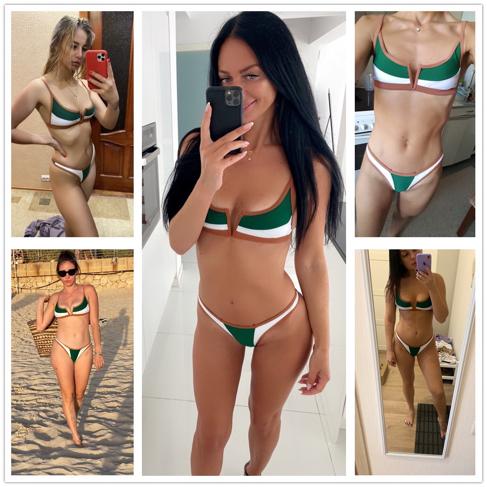 Bộ bikini Hai Mảnh Cổ Chữ V Màu Xanh Lá Phong Cách Brazil Mẫu Mới Quyến Rũ Dành Cho Nữ