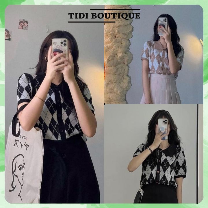 Áo len nữ crotop cổ polo họa tiết caro quả trám chất mềm hàng chuẩn đẹp 🍀[FREESHIP]
