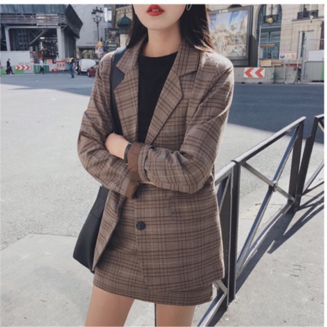[Hàng có sẵn]Set áo Blazer chân váy kẻ nữ (có ảnh thật) | BigBuy360 - bigbuy360.vn