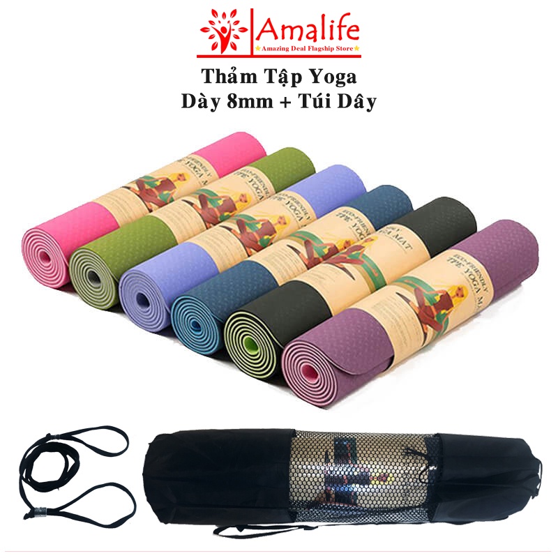 Thảm Tập Yoga Siêu Dày 8mm 2 Lớp TPE Cao Cấp Chống Trượt – Chọn Màu –Tặng Túi Đựng, Dây Buộc Thảm Yoga Amalife