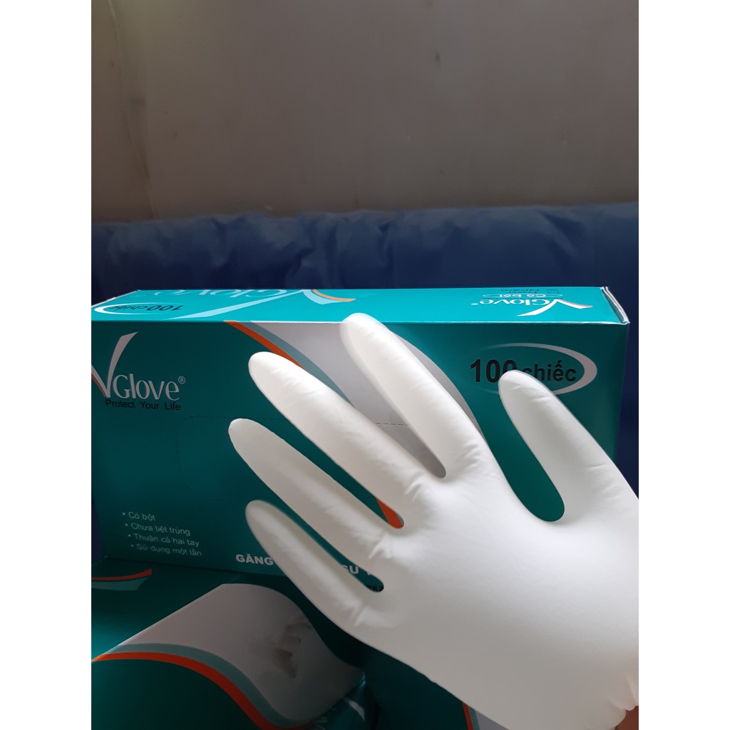 1 thùng 10 hộp CHÍNH HÃNG Găng tay Y Tế Cao su thiên nhiênVGLOVE latex có bột đủ các size XS/S/M/L TEM CHÍNH HÃNG
