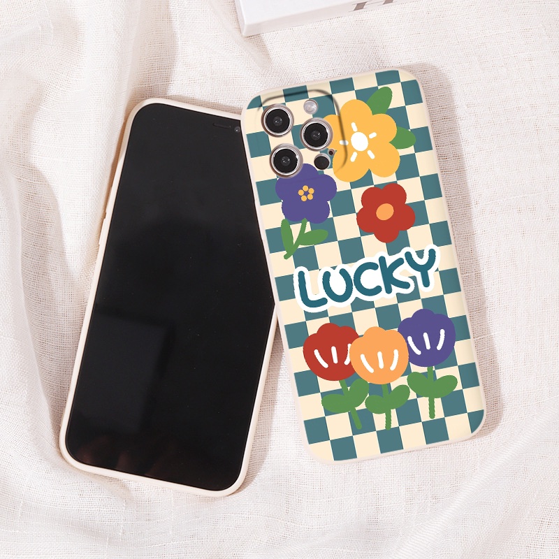 Ốp điện thoại iphone mềm hoa Tulip flower caro xinh xắn ốp Iphone 13 12 11 Pro Max Mini Xs Max Xr X 8 7Plus cạnh vuông