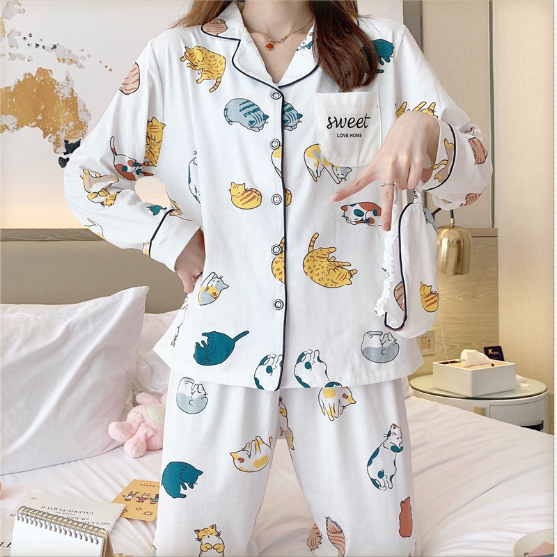 Bộ Đồ Ngủ Tay Dài Chất Liệu Cotton In Hình Mèo May Mắn Kèm Bịt Mắt Và Mặt Nạ Che Mắt Dễ Thương Thời Trang Thu Đông Cho Nữ