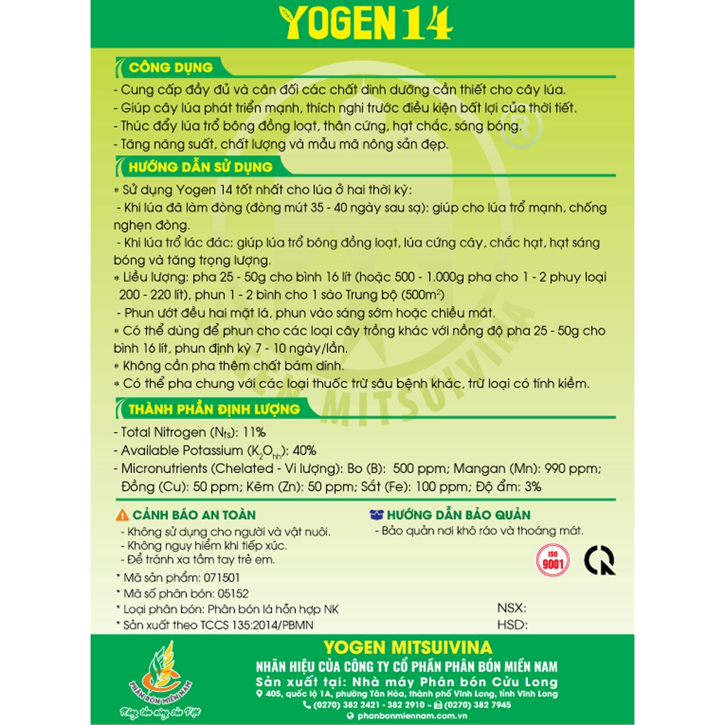 Phân bón lá Yogen 14 rước đòng giúp lúa phát triển mạnh, trổ bông đồng loạt, hạt chắc, trắng sáng, năng suất cao - 40g