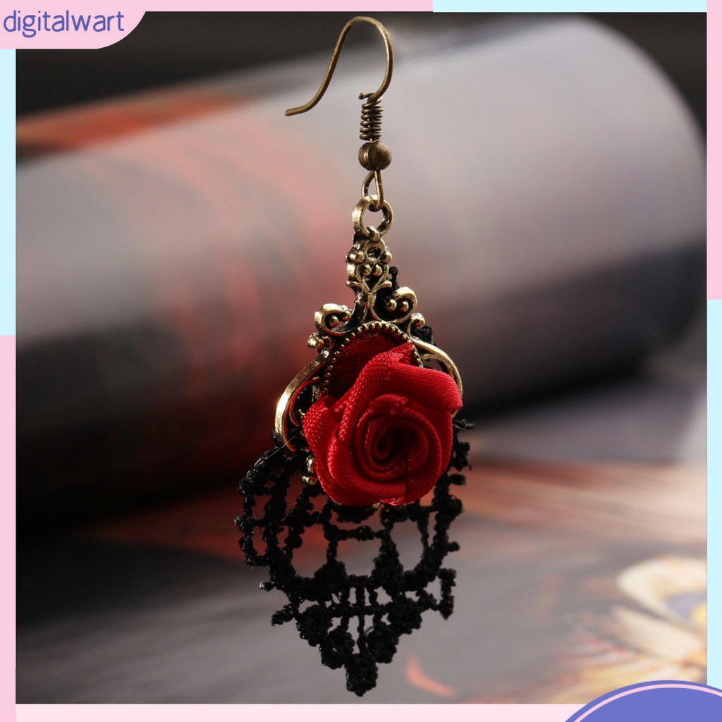 Cặp khuyên tai dáng dài phối ren đính hoa hồng sang trọng thanh lịch dành cho nữ