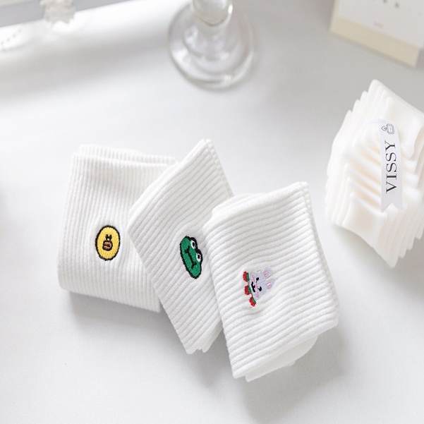 Vớ tất trắng thêu icon ếch vịt thỏ vô diệm