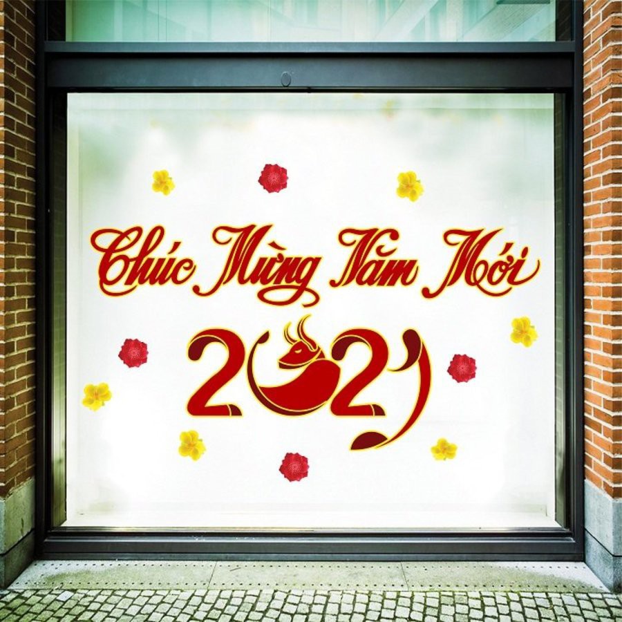 Decal chúc Tết 2021 Happy new year có keo sẵn dán được trên tường và kính