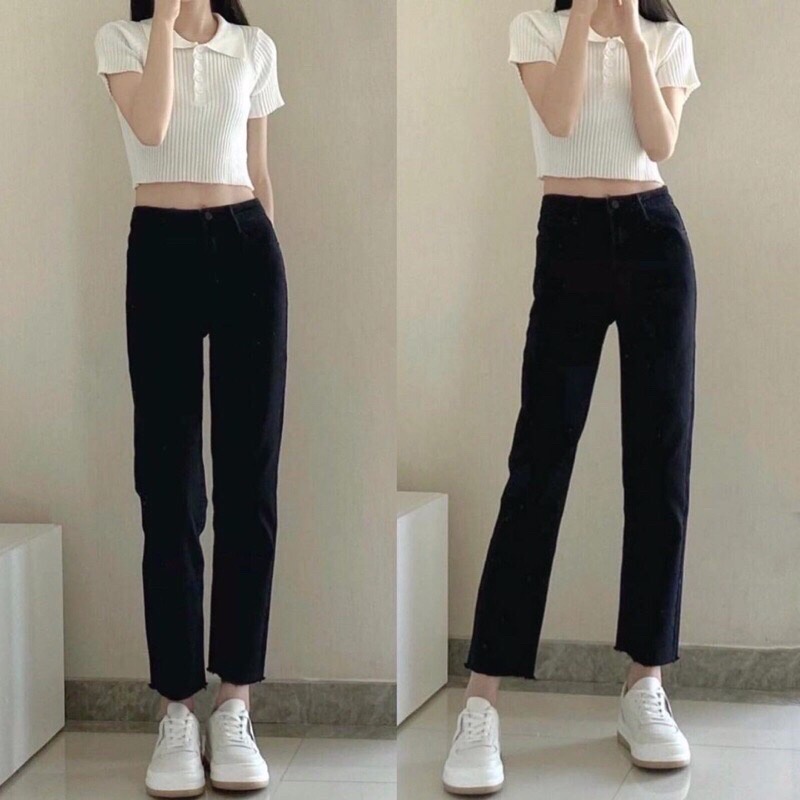 Quần bò jean nữ ống đứng co giãn 4 chiều jeans cạp cao phong cách style | BigBuy360 - bigbuy360.vn