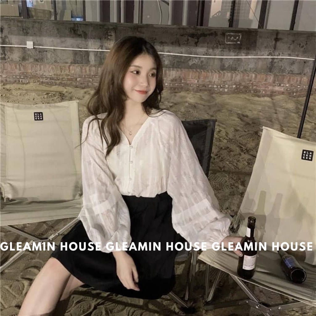 Áo sơ mi nữ ren cổ v xếp ly tay phồng - Áo kiểu dài tay bồng(Quảng châu loại 1)