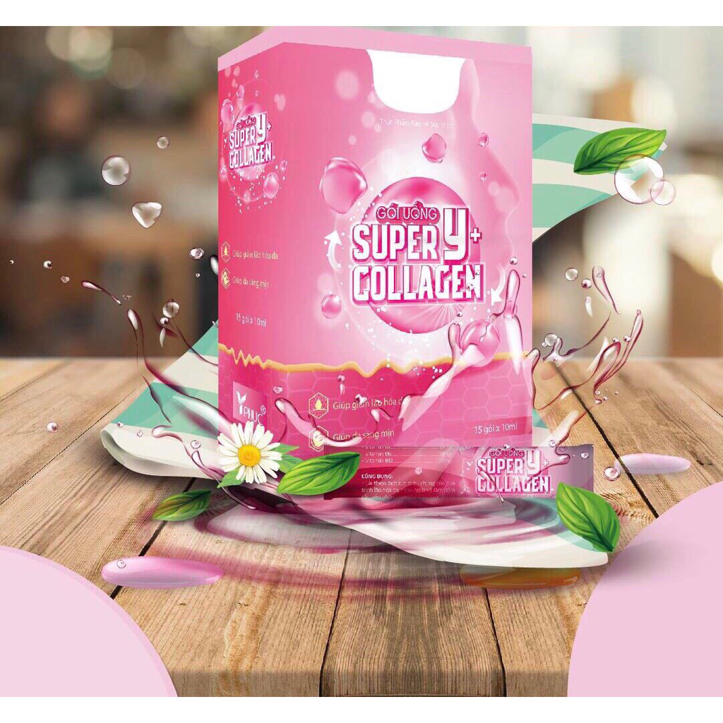 Gói uống super collagen Y+ giúp  dưỡng ẩm da, săn chắc, ngăn ngừa chảy xệ. Giúp da luôn căng mọng, mịn màng