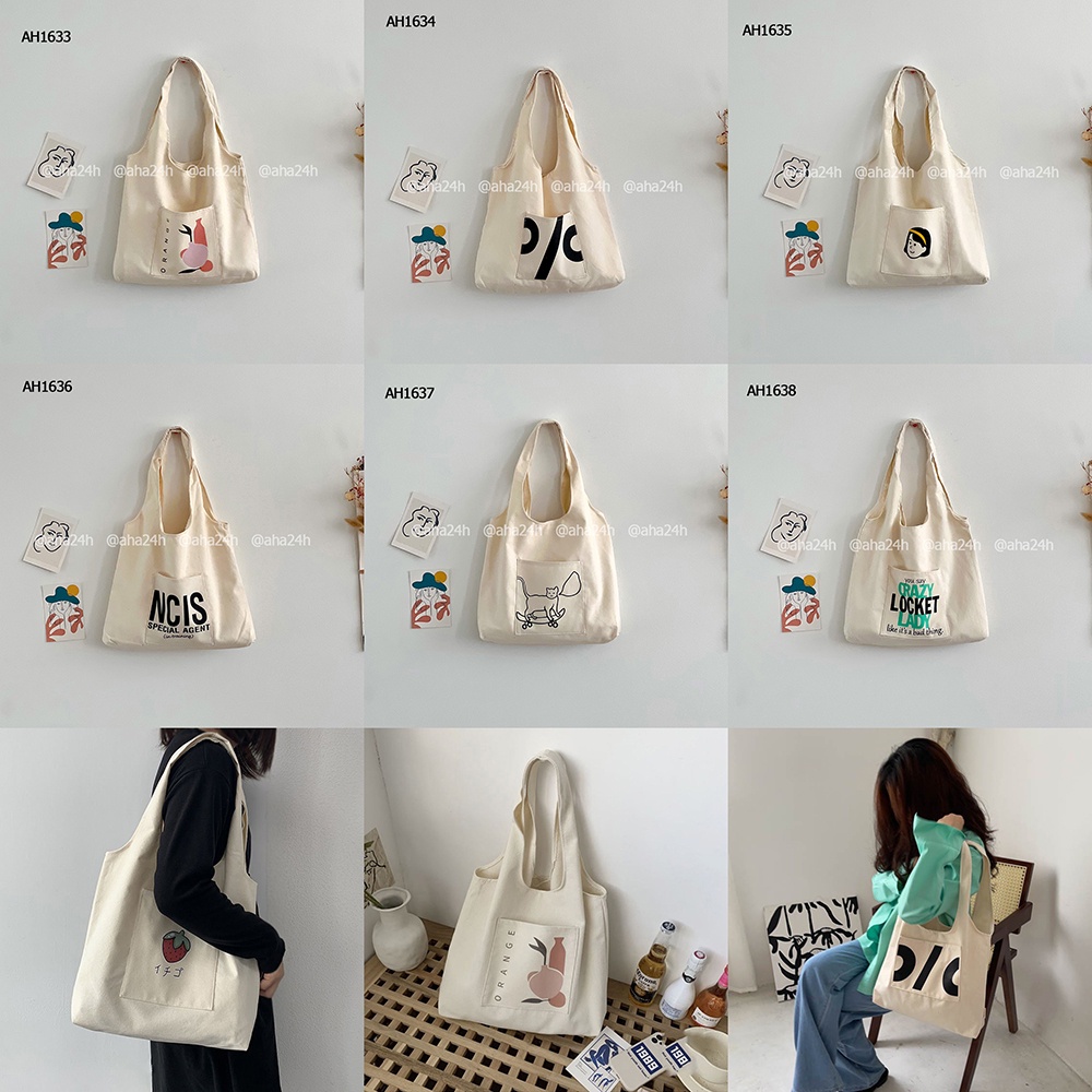 Túi tote vải Canvas đi học có túi nhỏ trước in hình ngộ nghĩnh phong cách thời trang Hàn Quốc