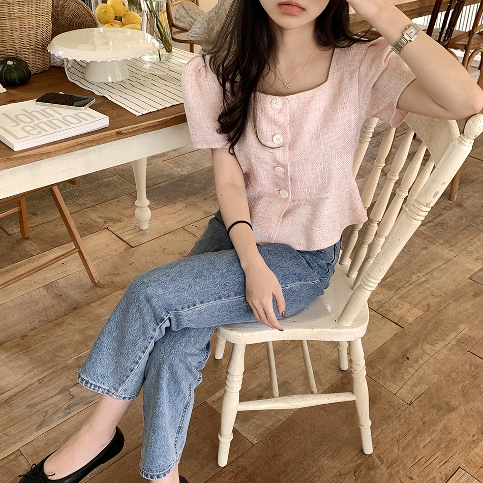 Áo Kiểu Tay Phồng Ngắn Cổ Vuông Thời Trang Hàn Quốc Xinh Xắn Cho Nữ