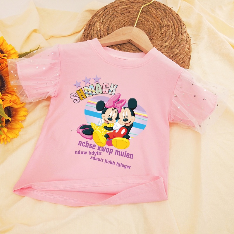 Áo Thun 100% Cotton Tay Ngắn In Hình Mickey Và Minne Dễ Thương Dành Cho Bé Gái
