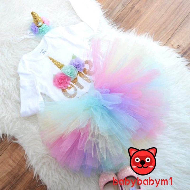 ☀Sun❤3PCS Baby Girl 1st Birthday Outfit Party Unicorn Romper Cake Smash Tutu Dress