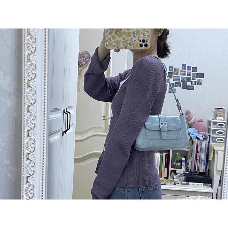 Túi xách kẹp nách phối xích form chất đẹp vân sần cá tính màu xanh dương, trắng, đen, nâu