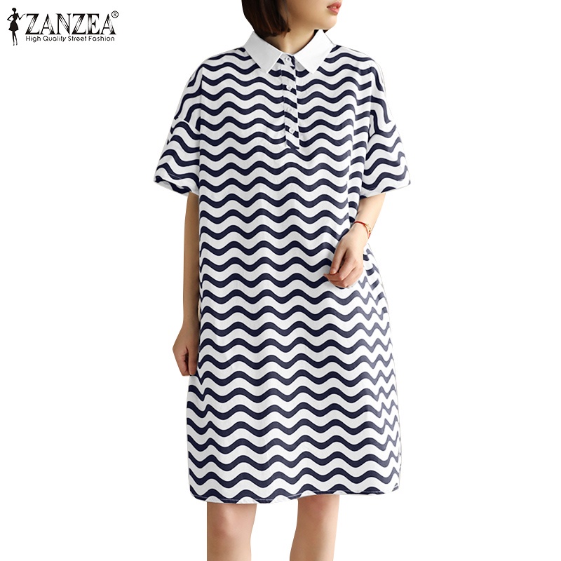 Đầm ZANZEA ngắn tay họa tiết lượn sóng thời trang cho nữ