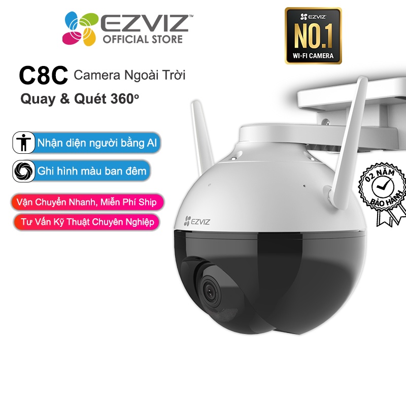 Camera EZVIZ C8C 1080p WI-FI 360 Độ Ngoài Trời, Nhận Diện Người AI, Nén Video H265, Ghi Hình Màu Ban Đêm-Hàng Chính Hãng