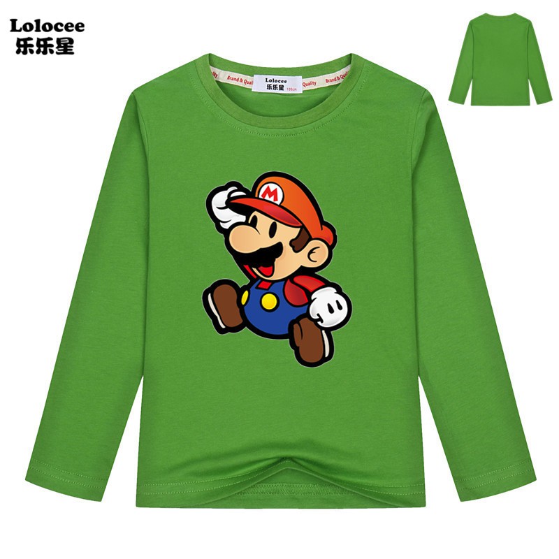 Áo Thun Cotton Tay Dài Hình Mario Cho Bé Trai Từ 5-13 Tuổi
