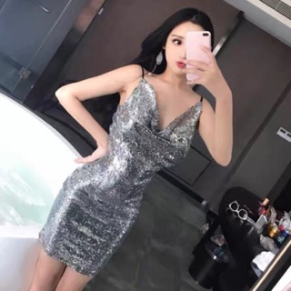 [SALE SIÊU RẺ ] Váy hai dây cổ đổ lấp lánh kim sa bling bling màu bạc metalic