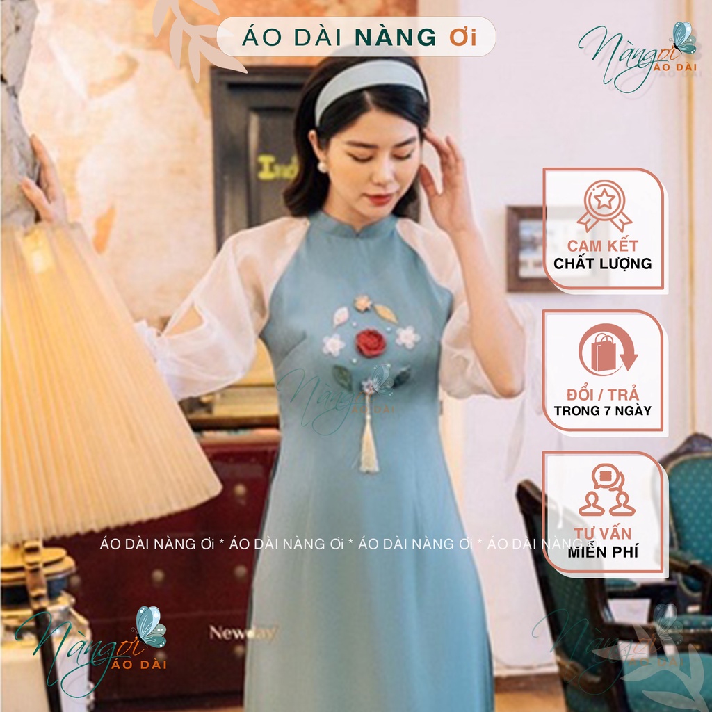 Áo Dài Cách Tân Nữ Dáng Lửng Tay Tơ Lụa Bồng Thân Đính Hoa Lá Cành Đẹp GI021