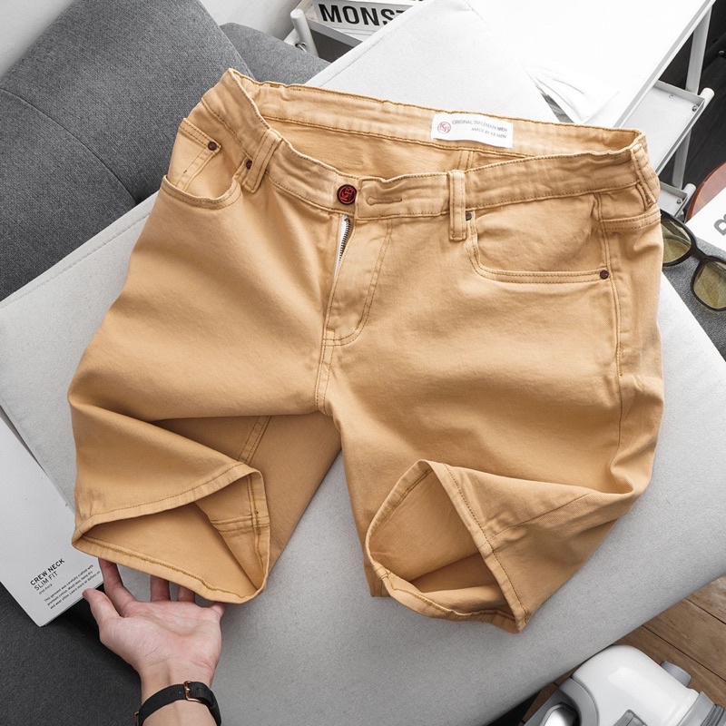 Quần short nam trơn kaki denim xuất xịn co giãn ôm nhẹ dáng ngang gối