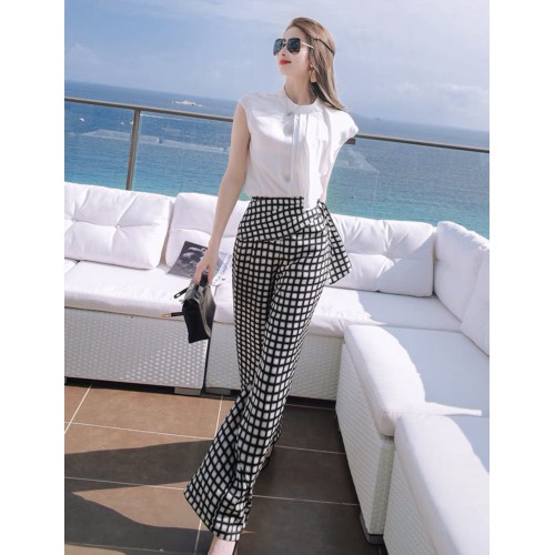 Set Áo Trắng Tay Lở + Chân Quần Caro - Set Bộ Hàn Quốc Cao Cấp Chất Lượng Giá Tốt - Thời Trang Công Sở Sang Trọng