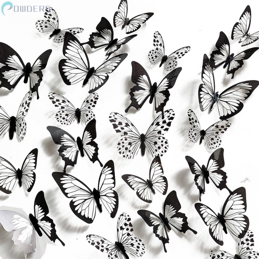 Sticker Dán Tường Hình Con Bướm 3D Màu Trắng Đen, Kích Thước 12 / 24X24X3D