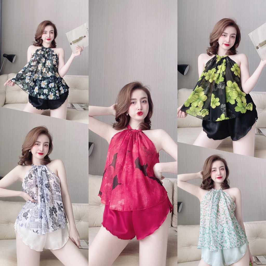 [Mã FAMARAL1 giảm 10K đơn 50K] Đồ ngủ sexy nữ SOJUN Bộ yếm Voan cột nơ sexy satin phối voan size &lt;65kg