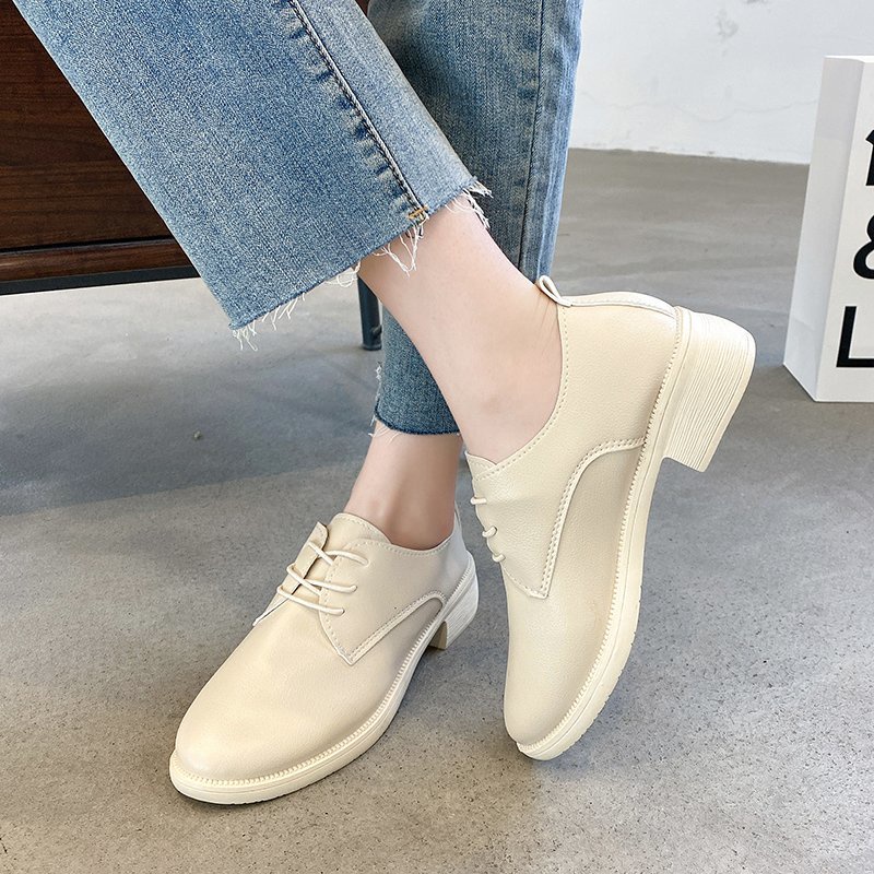 Giày oxford da bóng mũi tròn thắt dây phong cách retro cho nữ