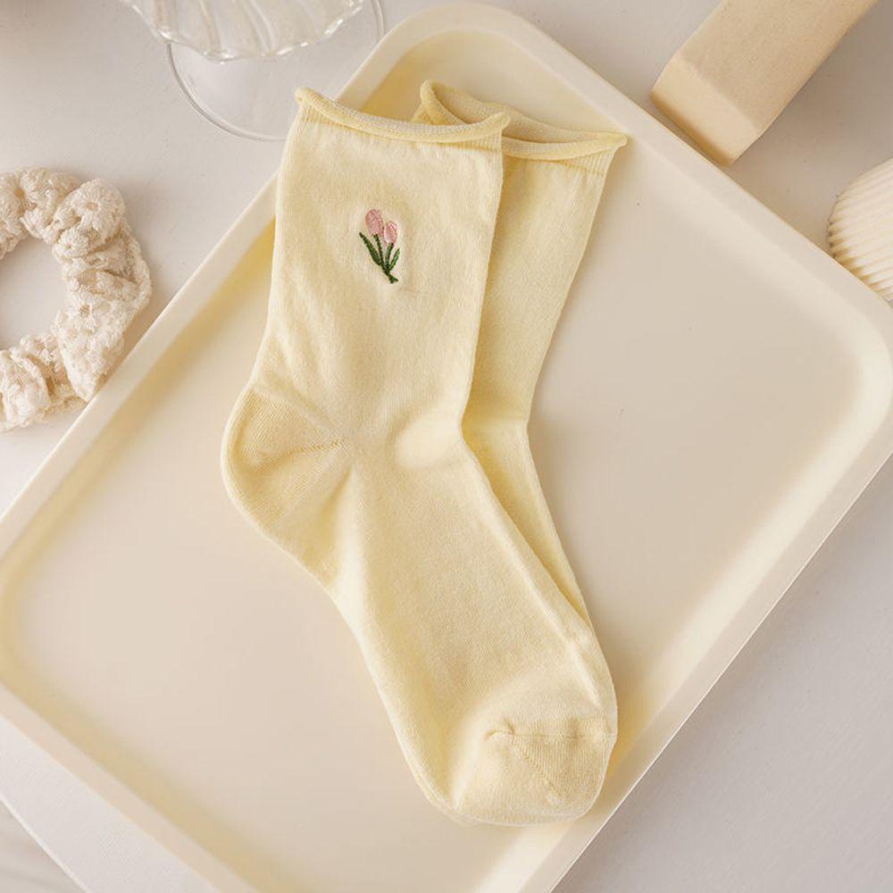 AROMA Vớ Cotton Màu Trơn Thoáng Khí Thêu Hình Hoa Tulip Thời Trang Cho Nữ