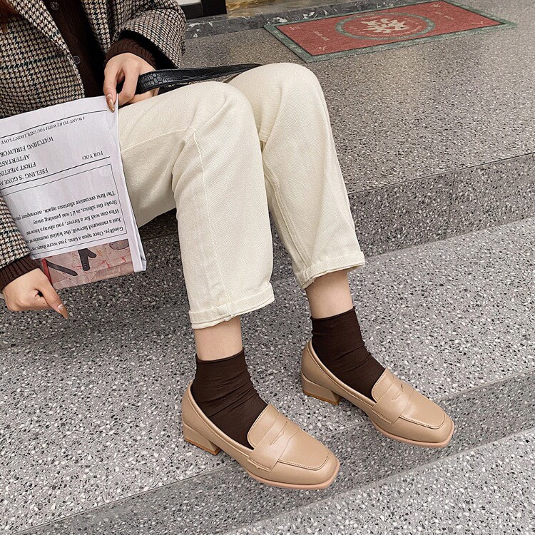 Giày lười da xịn loafer mũi bằng đế vuông