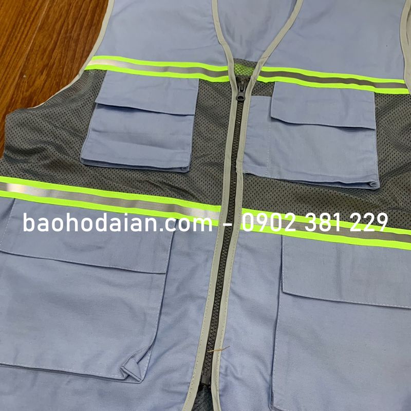 Áo ghi lê kỹ sư phản quang phối lưới màu xám môn 1 kéo 4 túi hộp