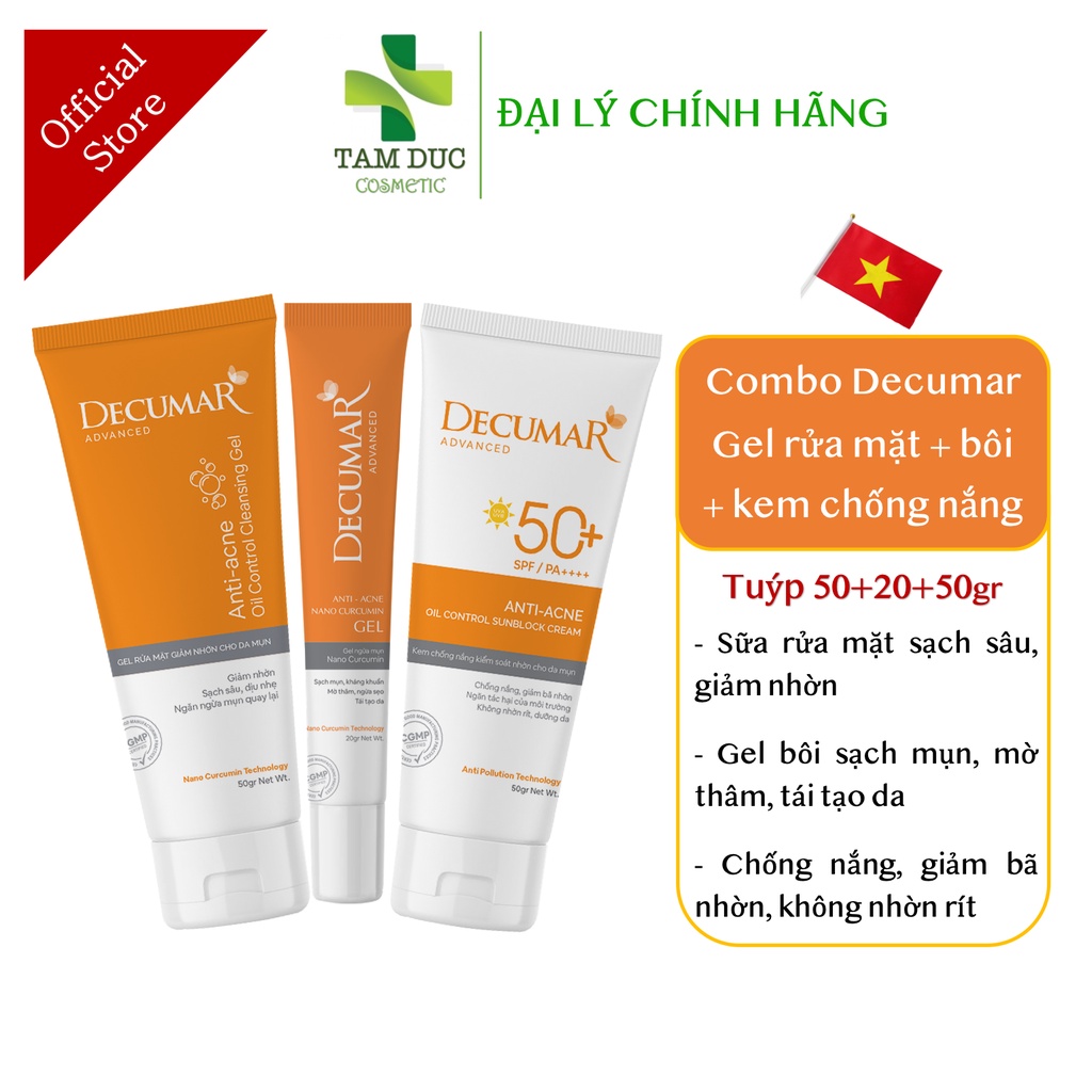 Combo Decumar Advanced gồm 1 Gel ngừa mụn, 01 Gel rửa mặt, 01 kem chống nắng giành cho da mụn hoàn toàn mới