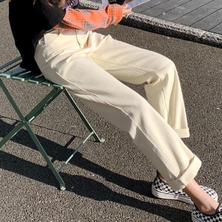 Quần jean form Unisex nam nữ màu kem phong cách cá tính thời trang Hàn Quốc | BigBuy360 - bigbuy360.vn