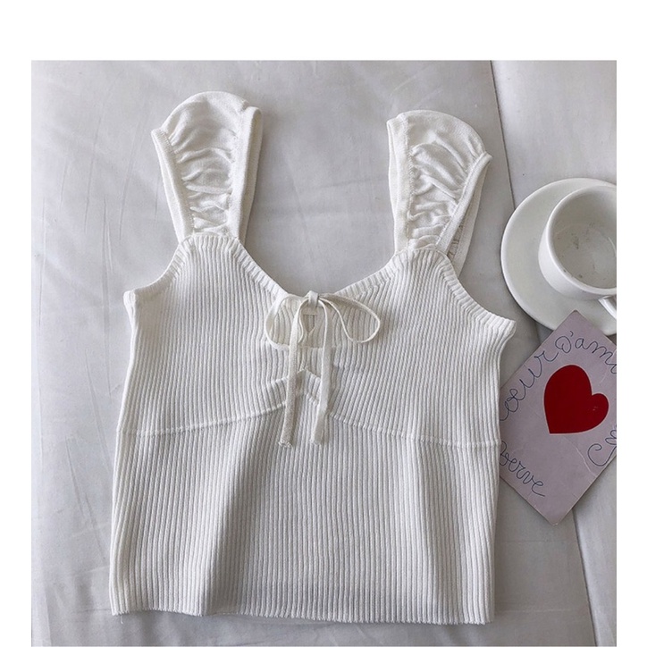 Áo croptop nhún ngực cộc tay phồng chất thun len gân