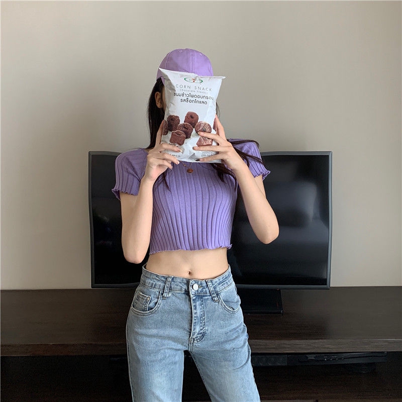 Áo Croptop Dệt Kim Nữ Tay Ngắn Màu Xanh Lá