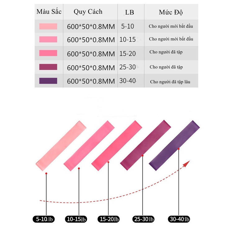 Set 5 Dây kháng lực mini Band Cao Su Đàn Hồi Tập Mông, Chân, Đùi, Gym Tại Nhà theo từng mức độ khác nhau Màu Hồng
