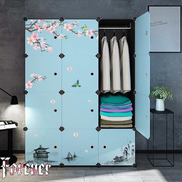 Tủ nhựa ghép đa năng 12 ô sâu 47, màu đen, cửa xanh trời,decal hoa anh đào - bảo hành 1 năm