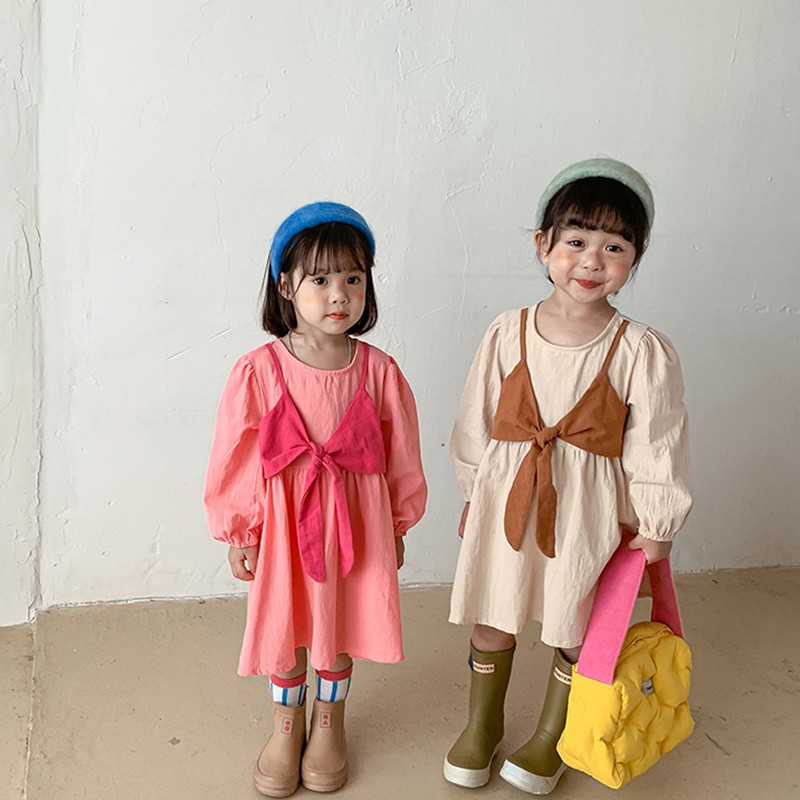Đầm Công Chúa Tay Dài Giả Hai Lớp Bằng Cotton Và Vải Lanh Màu Sắc Tương Phản Phong Cách Hàn Quốc Dành Cho Bé Gái