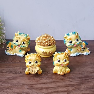 Bộ 04 tượng Kỳ Lân sứ phong thủy kèm chậu vàng - màu vàng