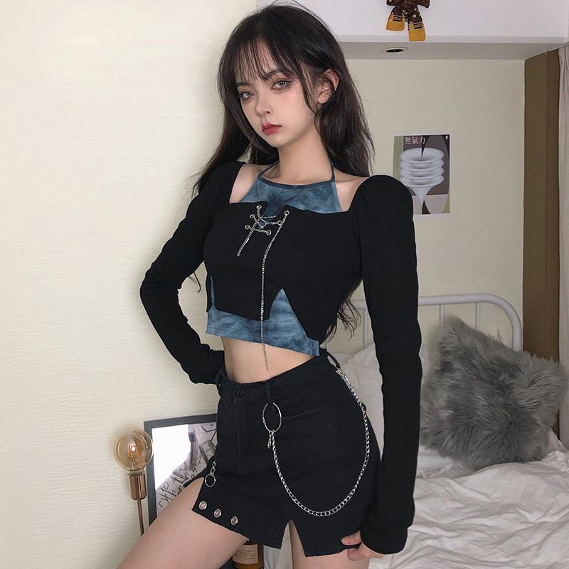 Áo Croptop Giả Hai Lớp Tay Dài Phong Cách Nhuộm Màu Thời Trang Cho Nữ