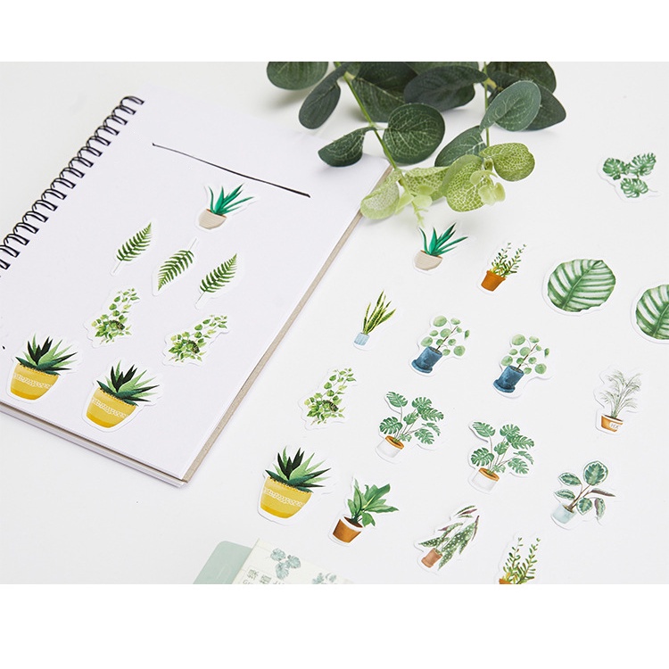 Hộp 46 chiếc sticker chậu cây cảnh màu trầm dùng decor Sổ Bullet Journal, Scrapbook, Thư thiệp quà - Tanpopo Sticker