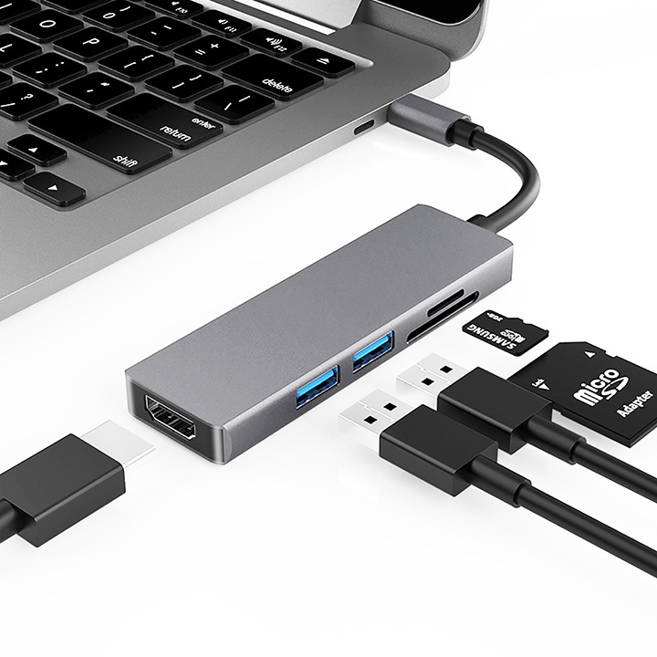 Hub Chia Type C Ra 5 Cổng USB, HDMI, Đầu Đọc Thẻ SD, TF