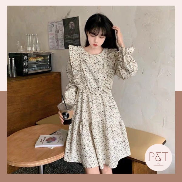 Váy hoa nhí chiffon vintage viền bèo tiểu thư