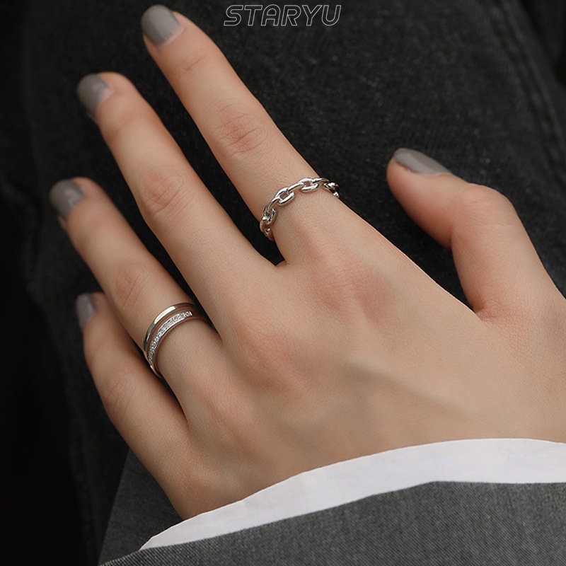 Nhẫn đeo ngón tay chuỗi xích/ hai lớp đính đá zircon nhân tạo mạ bạc 925 thời trang đơn giản dành cho nữ