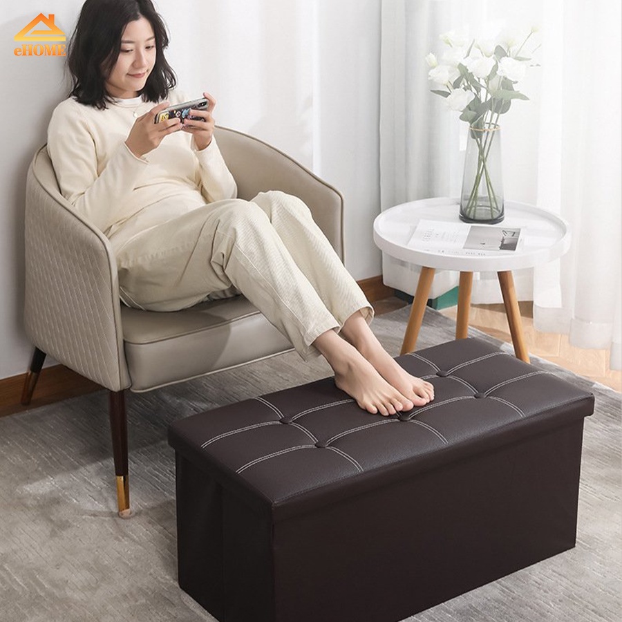 Thùng Da đựng đồ Ehome kiêm ghế ngồi khung gỗ nhân tạo bọc vải chắc chắn, tiện lợi