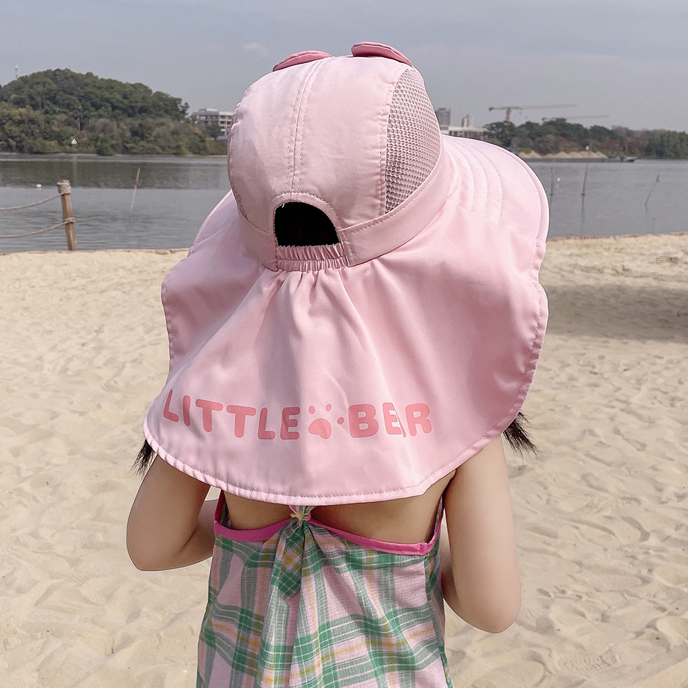 Mũ rộng vành, che gáy chống nắng chống tia UV họa tiết gấu dễ thương cho bé