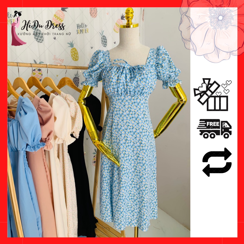 Đầm hoa nhí xẻ tà cổ vuông tay ngắn Freesize nhà Hidu - XTCV Dress