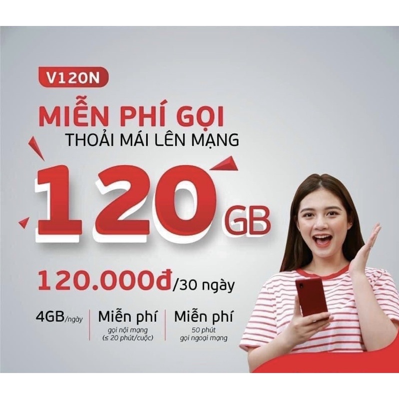 Sim 4G Viettel V120N Data 4GB/Ngày - 120GB/Tháng + Free 50p Gọi Ngoại Mạng + Gọi Nội Mạng. Hàng Chính Hãng VT- SIMTHE.VN