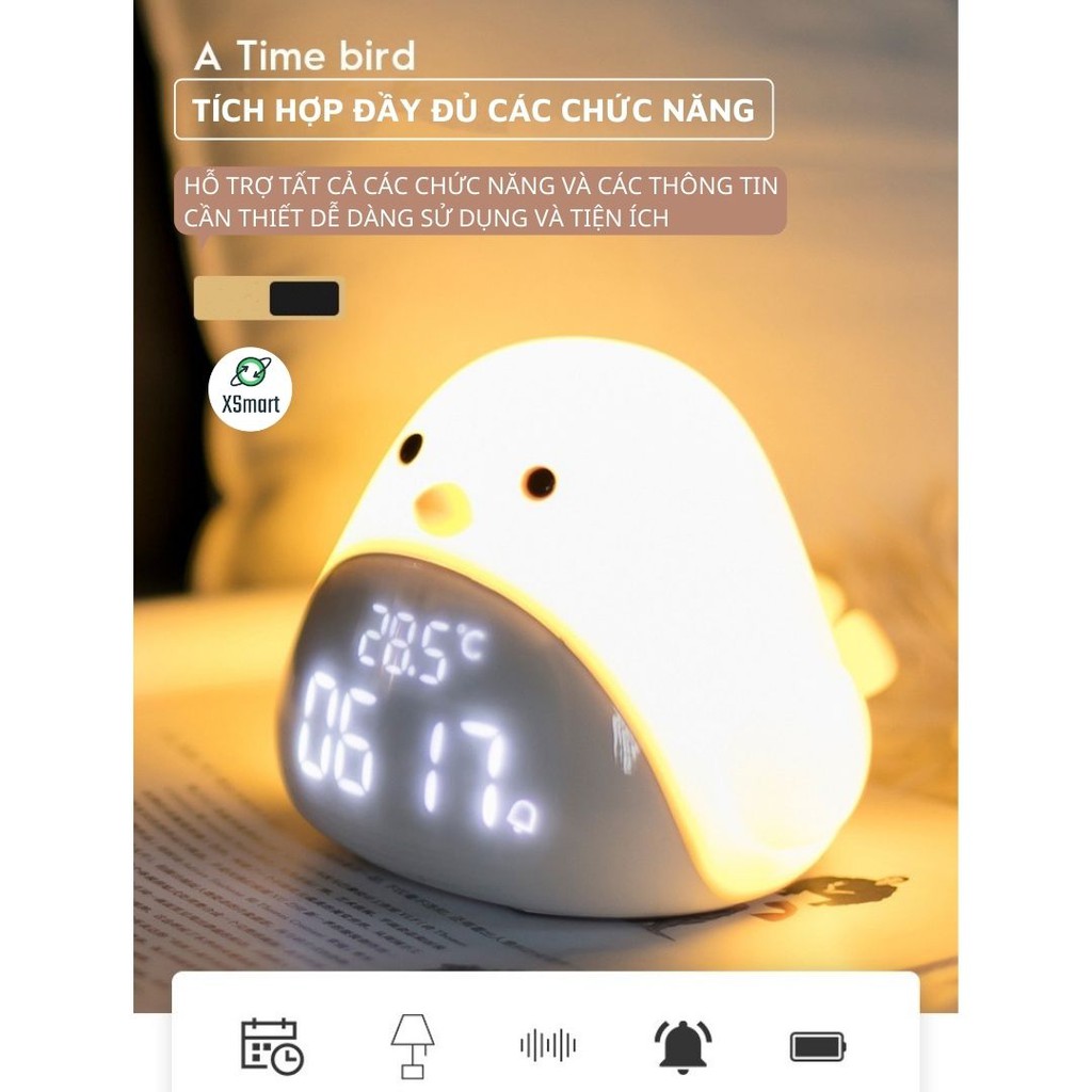 Đồng hồ báo thức kiêm đèn ngủ đèn bàn trang trí thông minh BIRD Siêu Cute , âm lượng cực lớn, pin sạc, cảm biến âm thanh